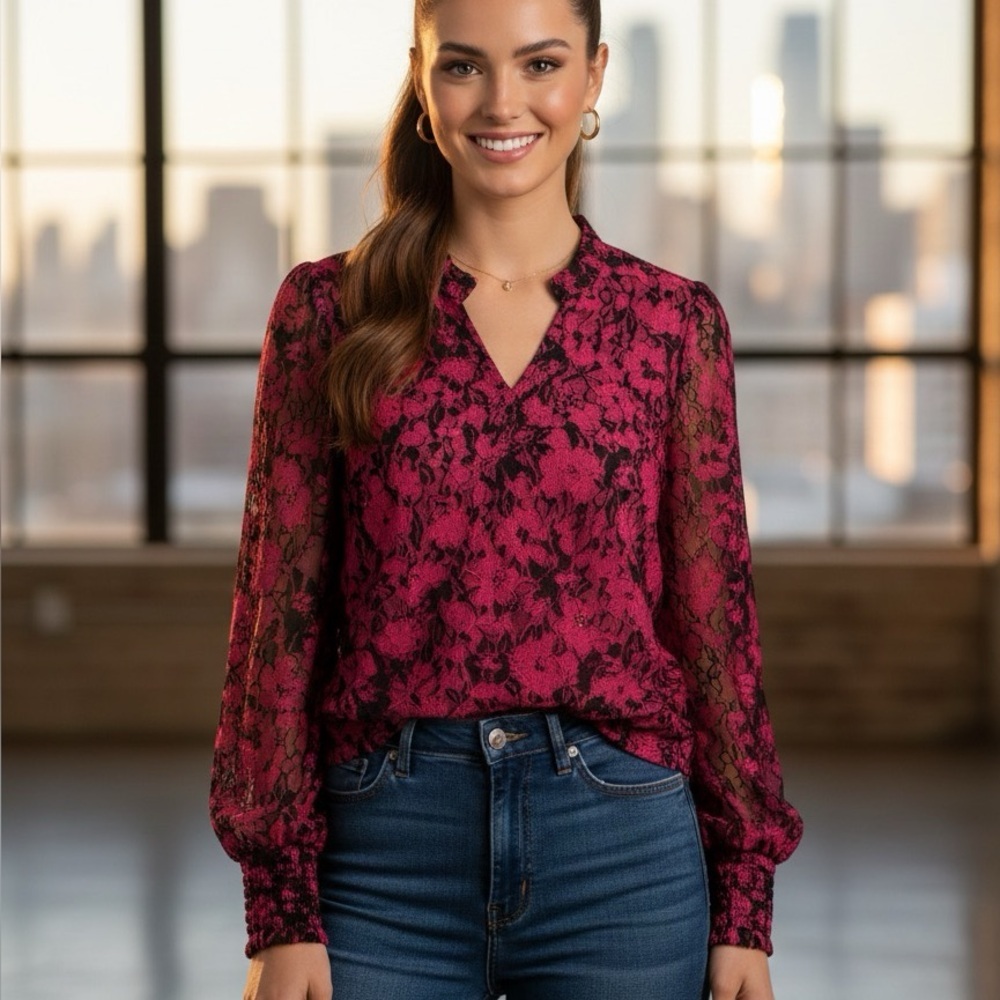 Cable & Gauge Pink and Black Floral Lace Blouse‎ - Picture 2 of 8